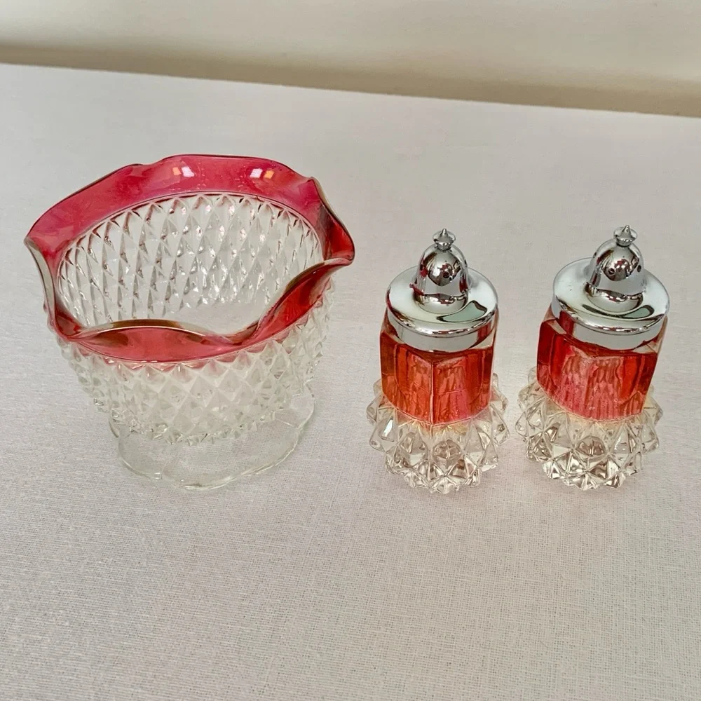 Indiana Glass Diamond Point Ruby Red Flashed Bowl and Salt & Pepper Shakers